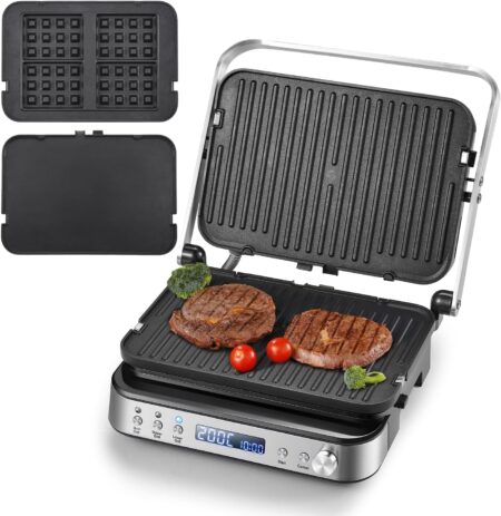 AMZCHEF Panini Press Grill, 4-in-1 Electric Grill, Waffle&Sandwich Toaster - Opens 180° with 4 Non-stick Coated Plates - Adjustable Temperature, LED Indicator, Cool Touch Handle, 2000W - Silver